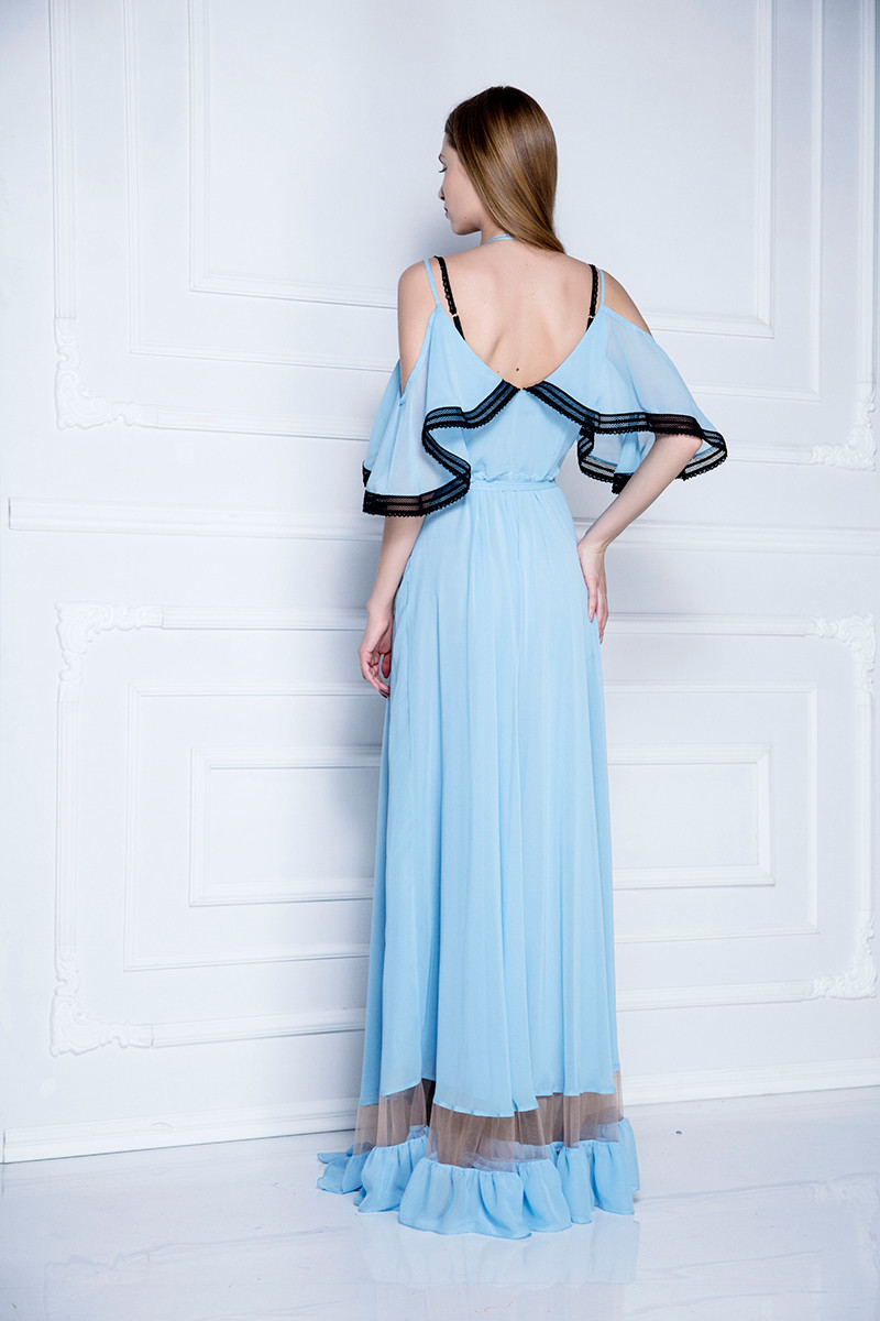 Cold-shoulder sky blue gown 