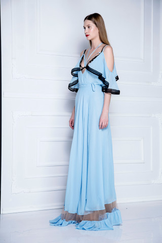 Cold-shoulder sky blue gown 